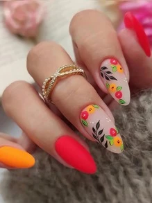 24pcs Flower & Orange Design Short Almond Shaped Press On Nails False Nail Tips, 1 Nail Tape & 1 Nail File - Multicolor - View 1