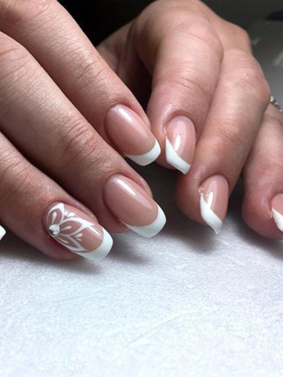 24pcs Short Square Shaped White French Style Flower & Rhinestone Decorated Artificial Nails With 1pc Nail File, 1pc Nail Tape - Multicolor - View 1