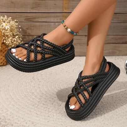 Women's Fashion Thick Sole Knitted Sandals Solid Color Open Toe Non slip Shoes Casual Outdoor Sandals