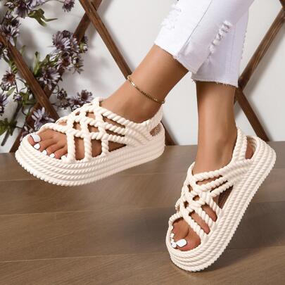Women Solid Color Knitted Sandals, Fashionable Open Toe Platform Non Slip Sandals For Casual Outdoor