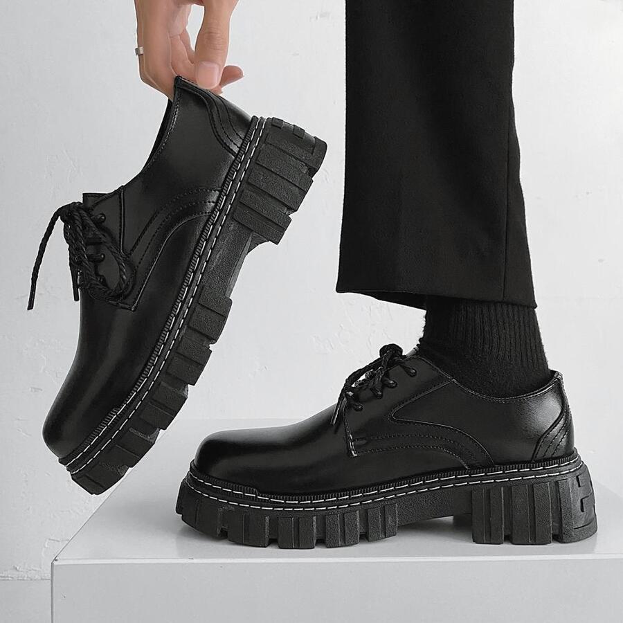 Thick-soled Casual Artificial Leather Shoes - Black - View 1