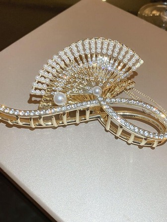 1入組女性水鑽和人造珍珠裝飾扇子設計魅力四射髮爪適用於頭髮裝飾用品
