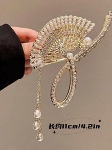 1pc Women Rhinestone & Faux Pearl Decor Fan Design Glamorous Hair Claw For Hair Decoration