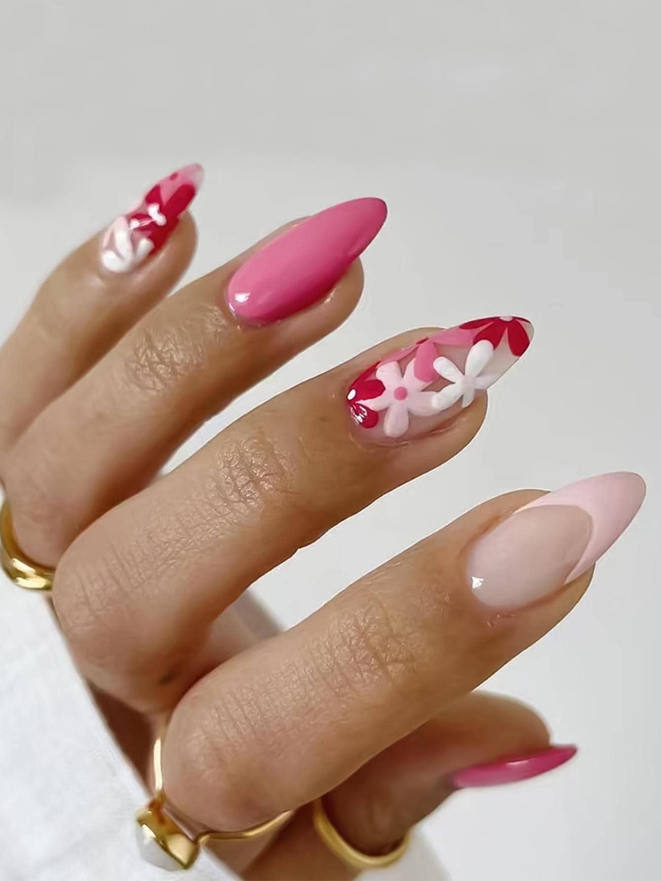 24pcs Pink Daisy Almond Shaped Flower Pattern Fake Nails Set Press On Nails Nail Supplies - Pink - View 1