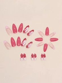 24pcs Pink Daisy Almond Shaped Flower Pattern Fake Nails Set Press On Nails Nail Supplies - Pink - View 3