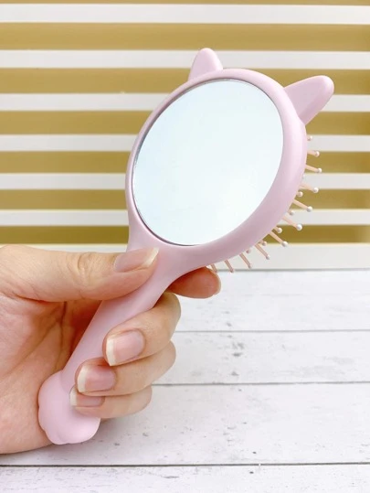 氣墊梳,1入組粉色可愛耳朵裝飾髮刷附鏡子頭皮按摩梳子適用於全部頭髮類型