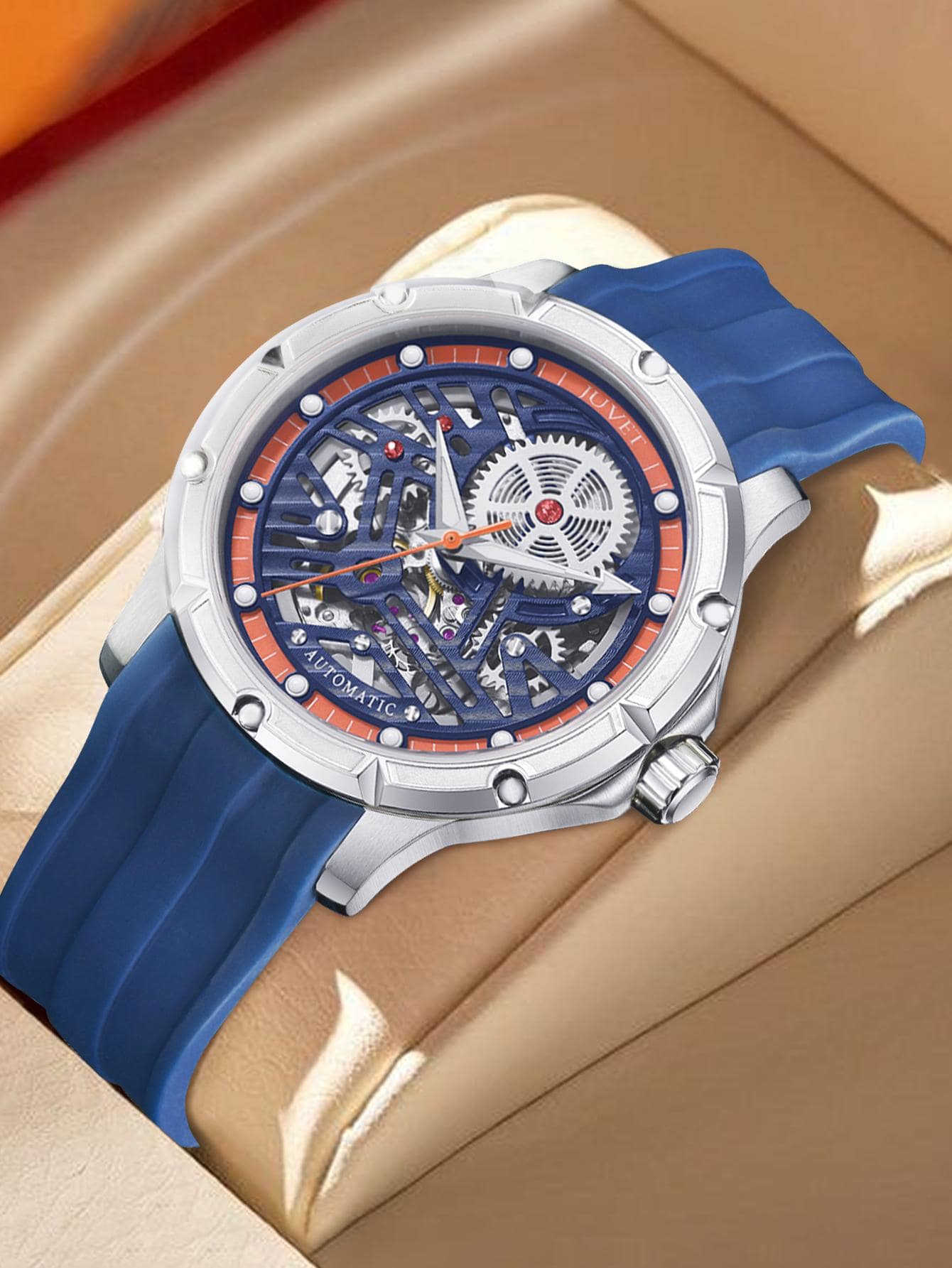 JUVET 1入組男士藍色的橡膠錶帶時尚防水圓形錶盤機械適用於日常生活