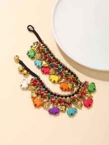 1pc Colorful Elephant & Heart Shaped Beaded Anklet - Multicolor - View 2