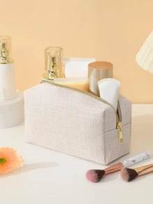 帆布拉鍊八角形化妝包,1入組便攜滌綸化妝包適用於戶外遊玩 - 米色 - 查看 3