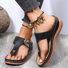 Fashionable Wedge Slide Sandals For Women, Buckle Decor Toe Post Wedge Sandals - Black - View 5