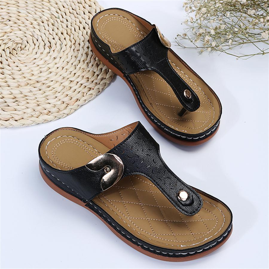 Fashionable Wedge Slide Sandals For Women, Buckle Decor Toe Post Wedge Sandals - Black - View 1