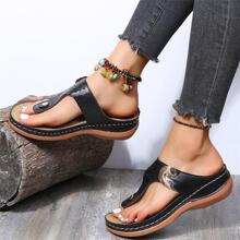 Fashionable Wedge Slide Sandals For Women, Buckle Decor Toe Post Wedge Sandals - Black - View 3