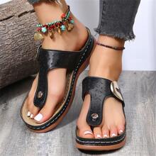 Fashionable Wedge Slide Sandals For Women, Buckle Decor Toe Post Wedge Sandals - Black - View 2