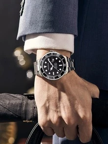 1pc Men Silver Stainless Steel Strap Business Date Round Dial Mechanical Watch, For Daily Life - Black - View 4