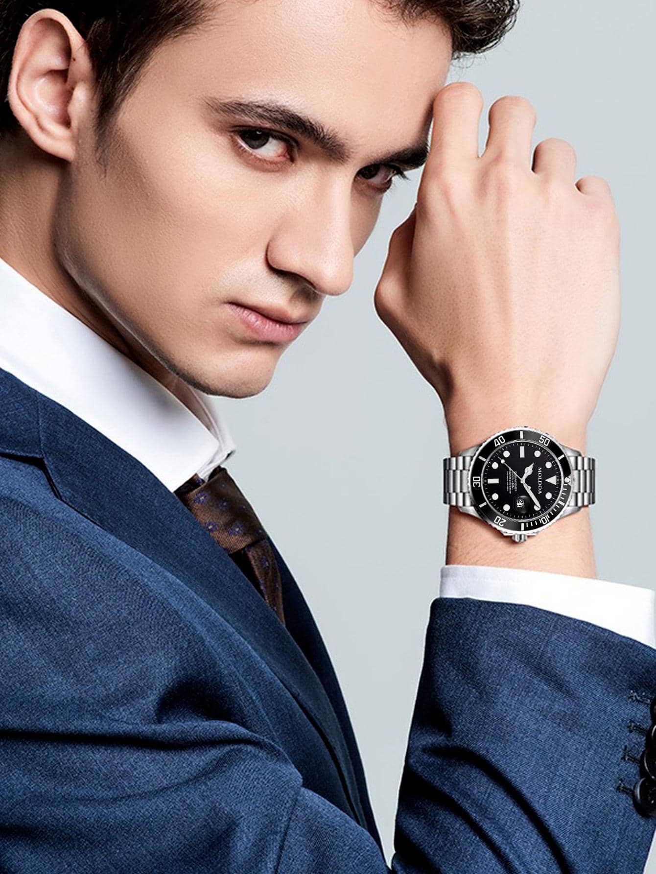 1pc Men Silver Stainless Steel Strap Business Date Round Dial Mechanical Watch, For Daily Life - Black - View 1