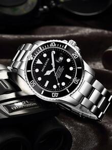 1pc Men Silver Stainless Steel Strap Business Date Round Dial Mechanical Watch, For Daily Life - Black - View 3