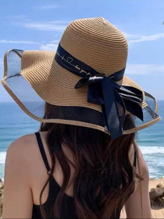 大簷蝴蝶結沙灘帽女夏季戶外遮陽時尚圓頂草帽潮