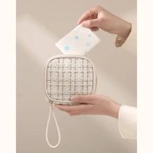 1入組格子圖案衛生巾收納袋，杏色戶外便攜化妝包 - 杏色 - 查看 1