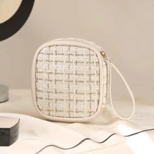 1入組格子圖案衛生巾收納袋，杏色戶外便攜化妝包 - 杏色 - 查看 7