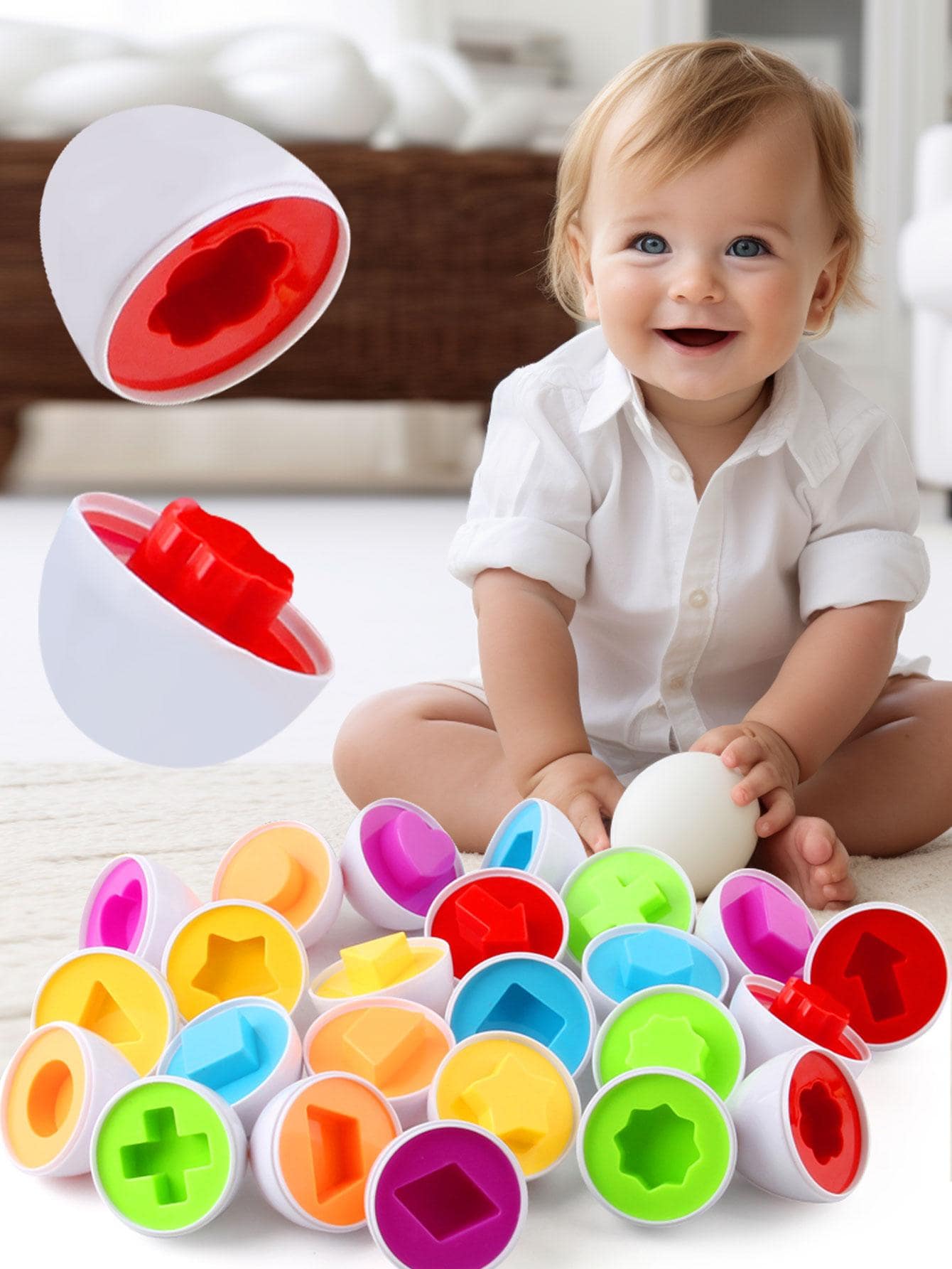 6入組隨機圖案的蛋形嬰兒學習教育玩具，智能蛋玩具遊戲，適合兒童禮物（有些零件可能是隨機的）。學校、學生、文具、學習用品。 - 白色 - 查看 1