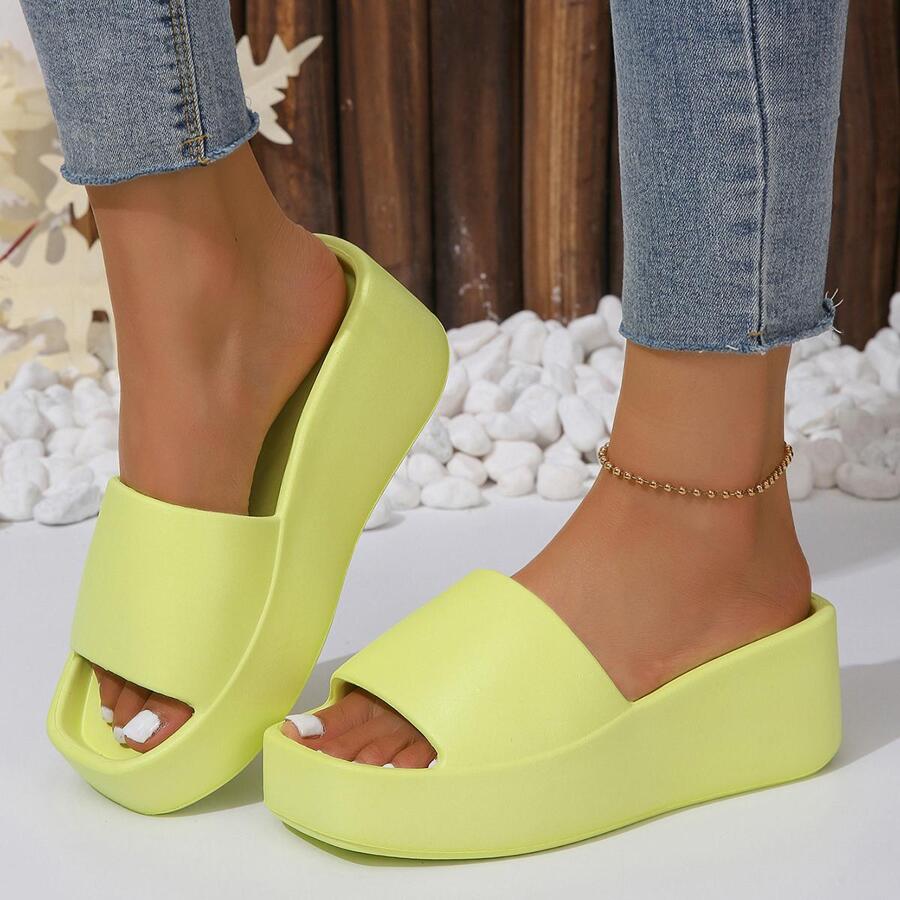 女式夏季厚底拖鞋，防滑簡約素色韓國時尚室內外家居拖鞋 - 綠色 - 查看 1