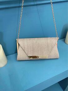 奢華閃亮金屬拼接信封手拿包,磁扣閉合款式優雅時尚,鏈條肩帶派對包適用於女性生日、舞會和婚禮派對 - 香檳色 - 查看 8