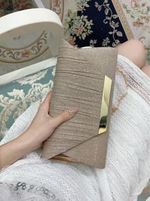 奢華閃亮金屬拼接信封手拿包,磁扣閉合款式優雅時尚,鏈條肩帶派對包適用於女性生日、舞會和婚禮派對 - 香檳色 - 查看 3