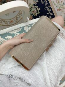 奢華閃亮金屬拼接信封手拿包,磁扣閉合款式優雅時尚,鏈條肩帶派對包適用於女性生日、舞會和婚禮派對 - 香檳色 - 查看 5