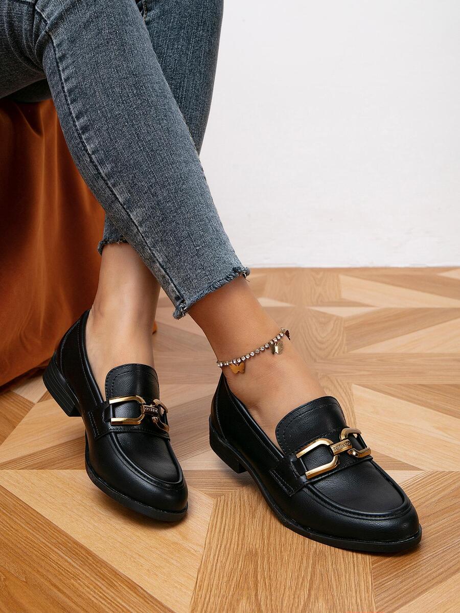Fashionable Flat Loafers For Women, Metal Decor Slip-on Flats - Black - View 1