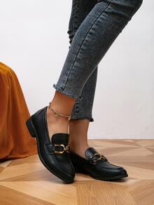 Fashionable Flat Loafers For Women, Metal Decor Slip-on Flats - Black - View 3