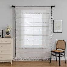 Pom Pom Decor Màn Đơn Bảng Sheer, Boho Tua Rua Trang Trí Lọc Ánh Sáng Riêng Tư Màn Sheer Cho Hộ Gia Đình - Đen và trắng - Xem 3