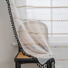 Pom Pom Decor Màn Đơn Bảng Sheer, Boho Tua Rua Trang Trí Lọc Ánh Sáng Riêng Tư Màn Sheer Cho Hộ Gia Đình - Đen và trắng - Xem 4