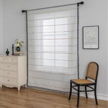 Pom Pom Decor Màn Đơn Bảng Sheer, Boho Tua Rua Trang Trí Lọc Ánh Sáng Riêng Tư Màn Sheer Cho Hộ Gia Đình - Đen và trắng - Xem 5
