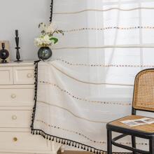 Pom Pom Decor Màn Đơn Bảng Sheer, Boho Tua Rua Trang Trí Lọc Ánh Sáng Riêng Tư Màn Sheer Cho Hộ Gia Đình - Đen và trắng - Xem 6