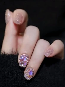 Upgrade Your Look With 24pcs Short Oval 3D Rhinestone Decor Full Cover Fake Nail Kit - Multicolor - View 1