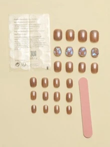 Upgrade Your Look With 24pcs Short Oval 3D Rhinestone Decor Full Cover Fake Nail Kit - Multicolor - View 2