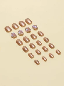 Upgrade Your Look With 24pcs Short Oval 3D Rhinestone Decor Full Cover Fake Nail Kit - Multicolor - View 3