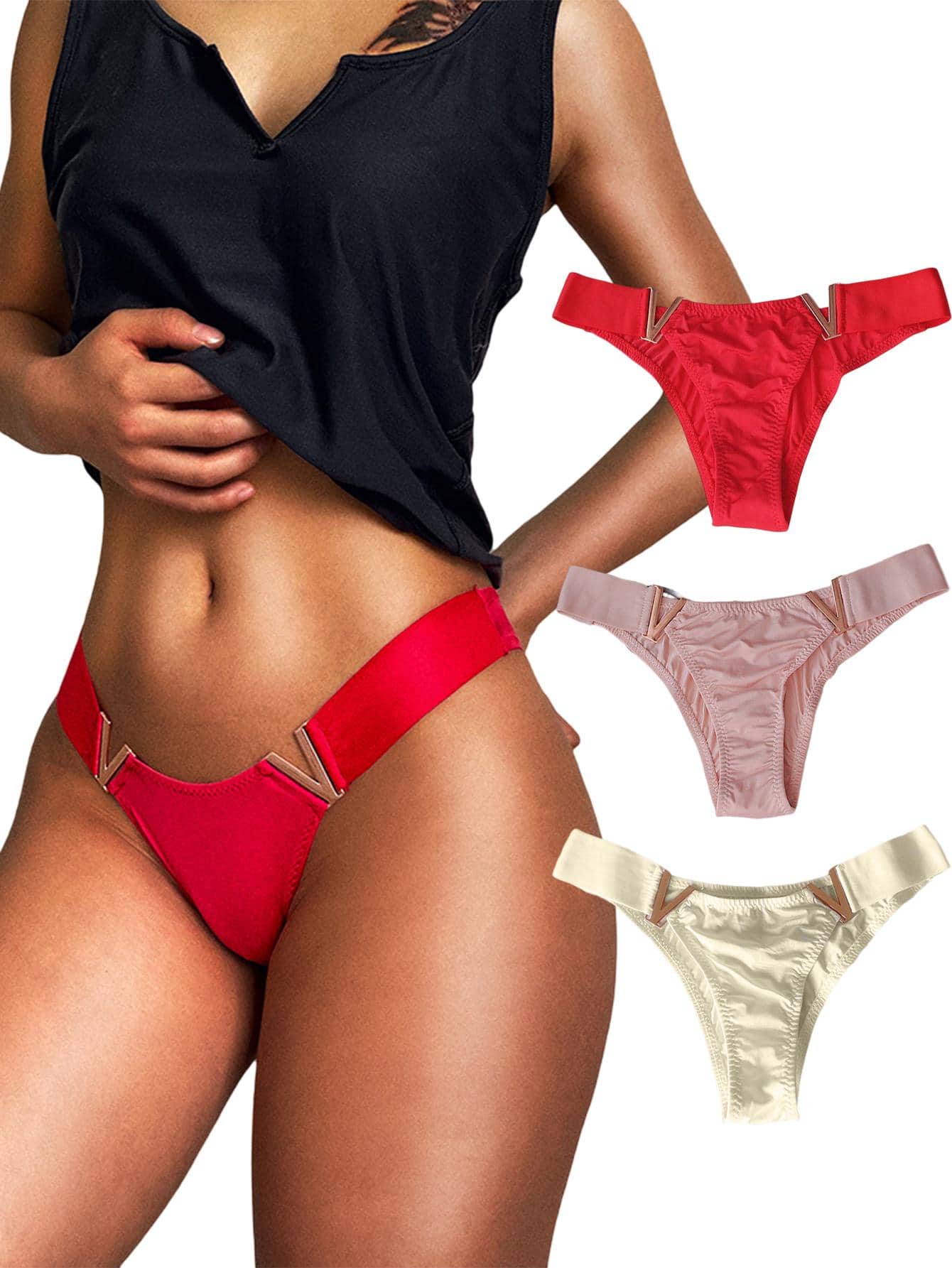 Women's Sexy Low Waist Panties V Panty[3 Pieces] - Pink - View 1