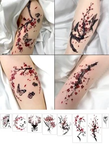 8pcs Set Colorful Sexy Chinese Style Plum Flower Temporary Tattoos, Can Be Worn On Shoulder And Arms, Waterproof, Long-Lasting 1-7 Days, Small Pattern, For Men & Women, Cosplay