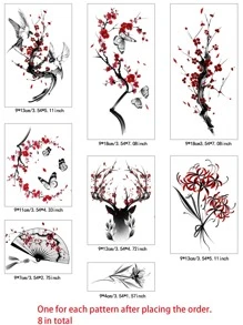8pcs Set Colorful Sexy Chinese Style Plum Flower Temporary Tattoos, Can Be Worn On Shoulder And Arms, Waterproof, Long-Lasting 1-7 Days, Small Pattern, For Men & Women, Cosplay