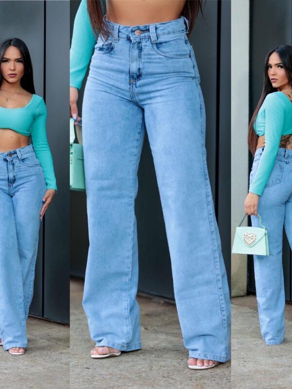 Calça Jeans Claro Cintura Alta Pantalona