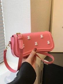 迷你時尚可愛兔子裝飾PU皮革斜挎包翻蓋方包 - 粉色 - 查看 3