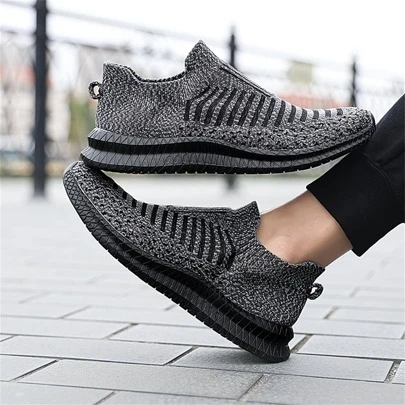 Men Striped Pattern Slip On Running Shoes, Sport Outdoor Sneakers