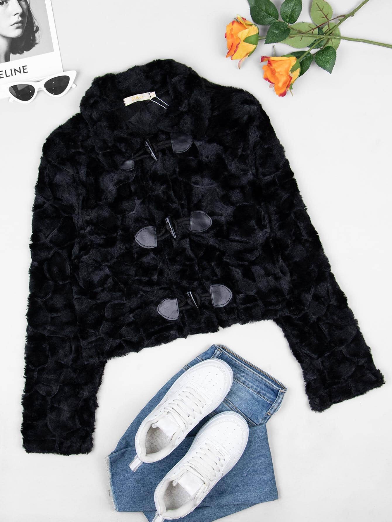 Saco peludo de moda para mujer con frente abierto - Negro - Ver 1