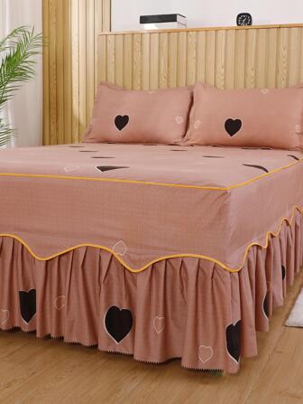 1pc Heart Pattern Ruffle Decor Bed Skirt, Modern Heart Pattern Soft Bedding Skirt For Bedroom