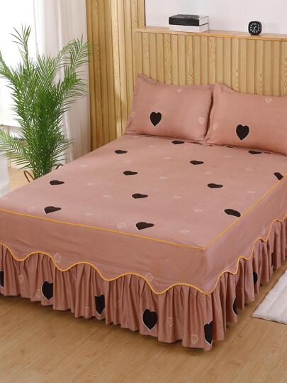 1 pieza Falda con patrón de corazón con diseño de fruncido Cama moderno con patrón de corazón suave ropa de cama para dormitorio