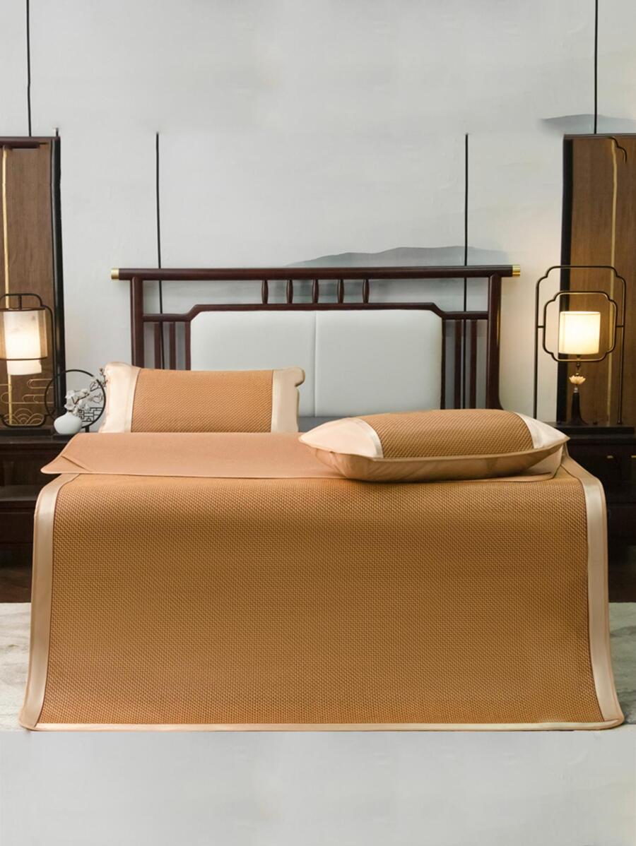 Bộ chăn ga gối đệm mùa hè 2/3 chiếc, Thảm dệt tạo cảm giác mát mẻ, Thảm ngủ thoáng khí và thoải mái có vỏ gối, Thiết kế đơn giản và thân thiện với da - Cà phê nâu - Xem 1