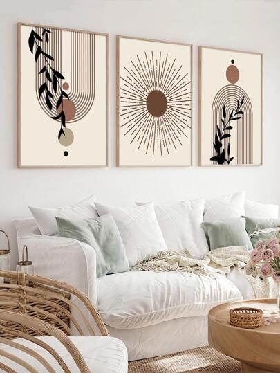3入組抽像圖案無框繪畫、現代幾何和線條圖案牆壁藝術繪畫牆壁裝飾
