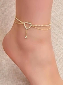 Rhinestone Heart Decor Anklet - Yellow Gold - View 1