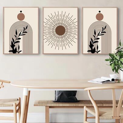 3入組抽像圖案無框繪畫、現代幾何和線條圖案牆壁藝術繪畫牆壁裝飾